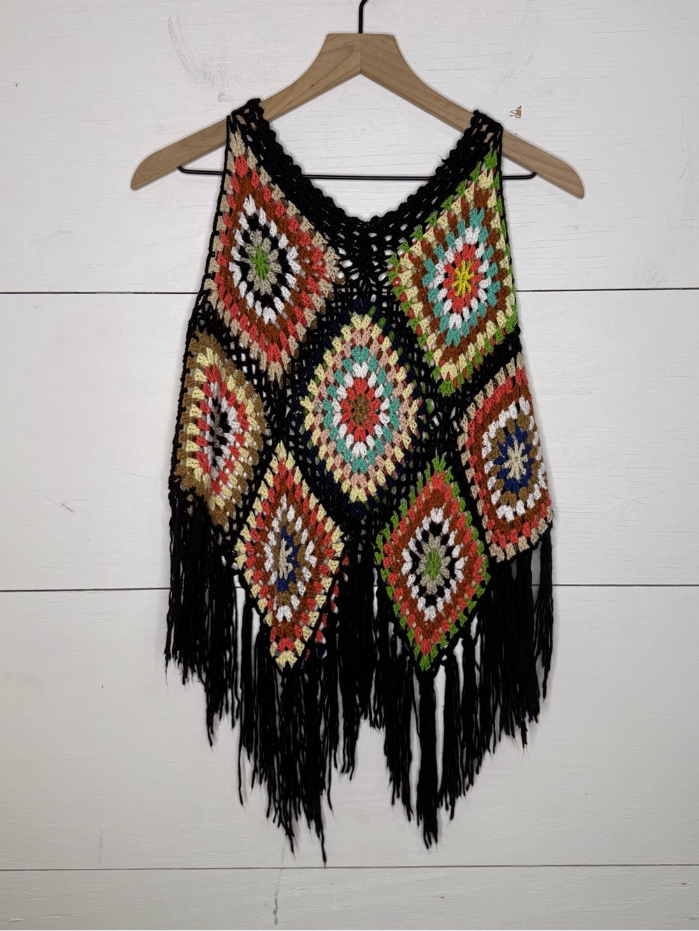 Crochet Fringe Shrug - Black with Multicolor Diamond Squares One Size